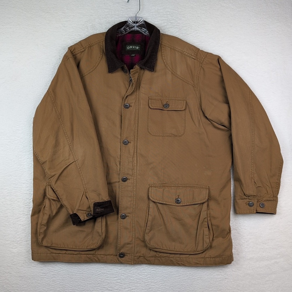 Orvis Jacket Adult 2XL Brown Canvas Chore Barn Corduroy Collar Flannel Lined